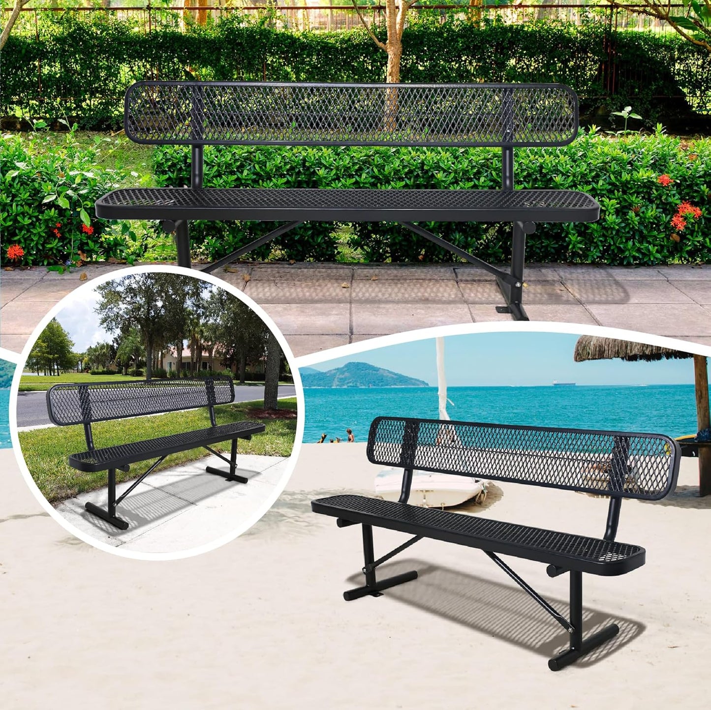 8 Feet Heavy Duty Metal Park Bench for Outside, Outdoor Bench with Backrest & Portable Frame, Commercial Benches for Shopping Malls, Stores, Parks, Patios, Decks, Black
