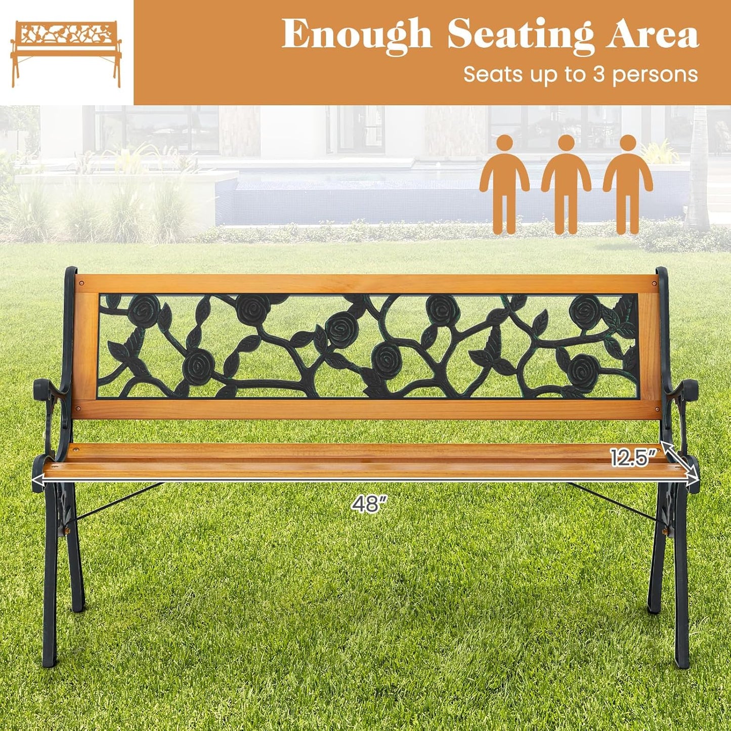 Giantex 49.5" 3-Person Outdoor Bench with Floral Pattern Backrest, Slatted Seat, 470 Lbs Weight Capacity, Curved Armrests, Cast Iron Metal Bench for Park, Outside, Patio, Porch, Yard, Garden