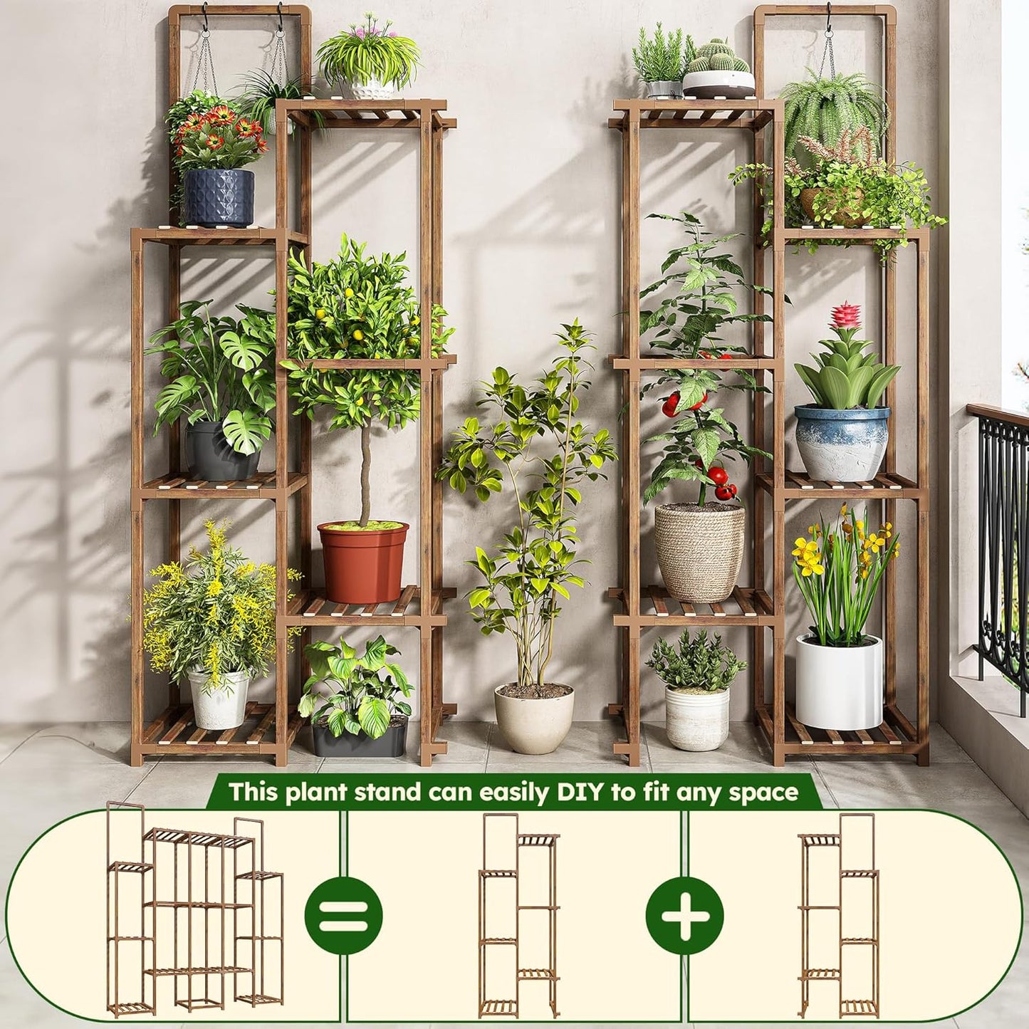 EnHomee Plant Stand Indoor for Multiple Plants Stand Outdoor with 18-22 Potted Double Rod for Hanging Plant Shelf 570 LBS Wood Plants Shelves for Living Room Patio Balcony Yard Garden 56''W×11.6''D×47''H