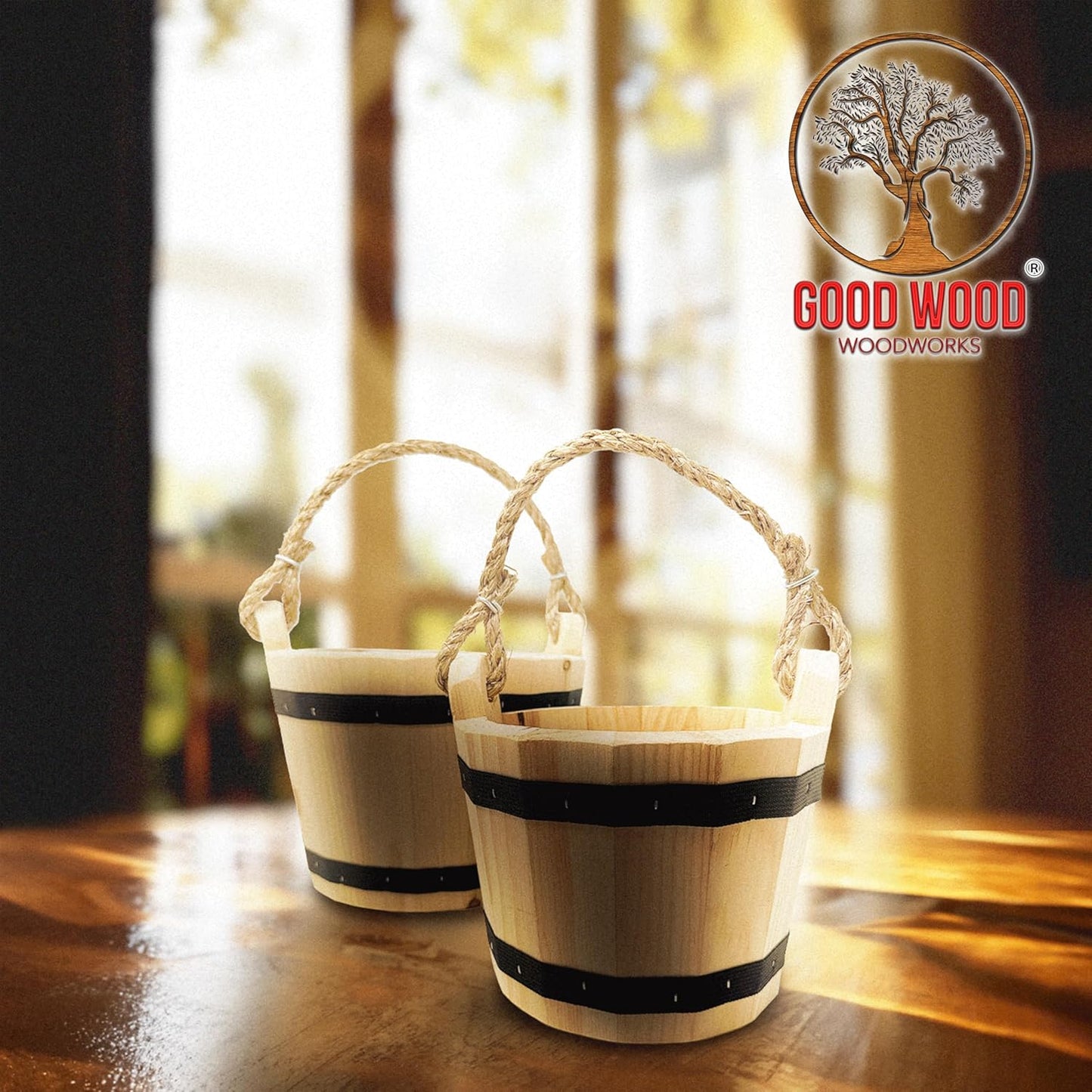 Good Wood - Wooden Bucket 8" x 10" Water Wishing Well Pail with Rope Twine Handle Solid Wood Vintage Style Primitive Planter - Made in The USA