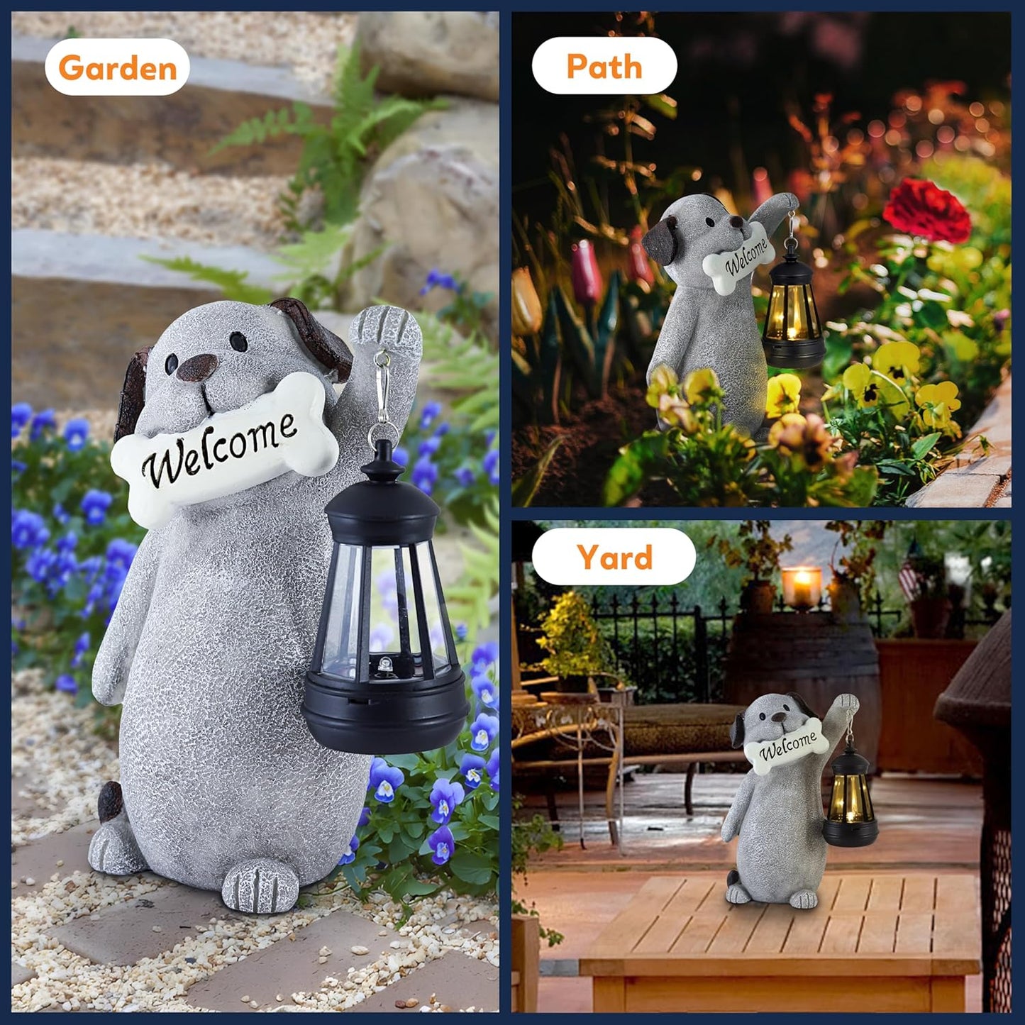 Solar Dog Garden Statue with Lantern Light – 9.2in Outdoor Dog Figurine for Yard Patio Garden Decor, Cute Memorial Gift for Women Mom