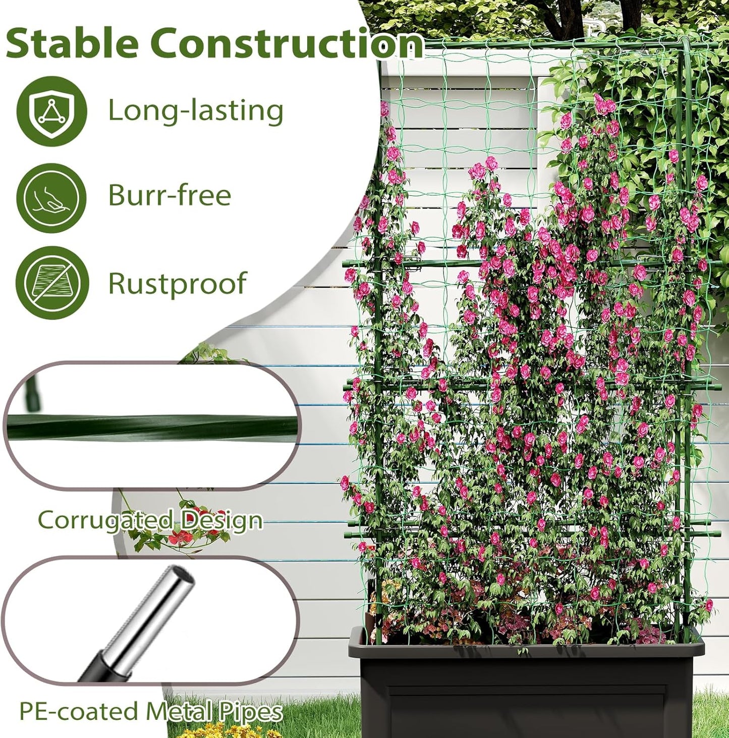 HAPPYGRILL 4-in-1 Raised Garden Bed with Climbing Trellis, Self-Watering Elevated Planter with Water Level Indicator, Drainage Hole, Outdoor Plastic Planter Box with 4 Detachable Legs for Garden Lawn