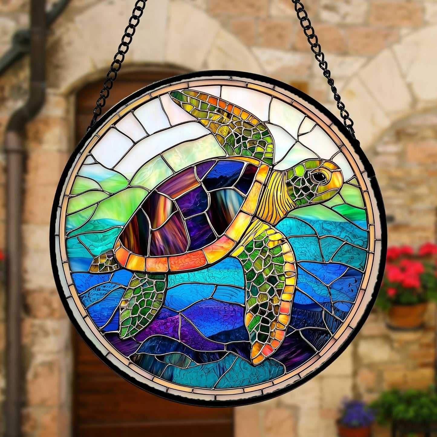 Stained Glass Window Hanging, Colored Turtle Ocean Suncatcher Diamond Glass Panel Hangings Marine Life Sun Catchers Decor for Birthday for Women, Men, Wife, Aunt, Mom 9.8 in