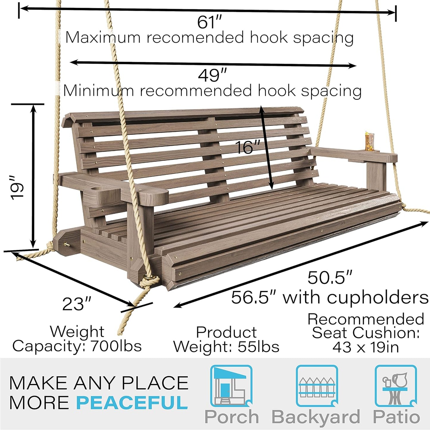 Porchgate Amish Heavy Duty 800 Lb Roll Comfort Treated Porch Swing W/Ropes (4 Foot, Warm Walnut Stain)