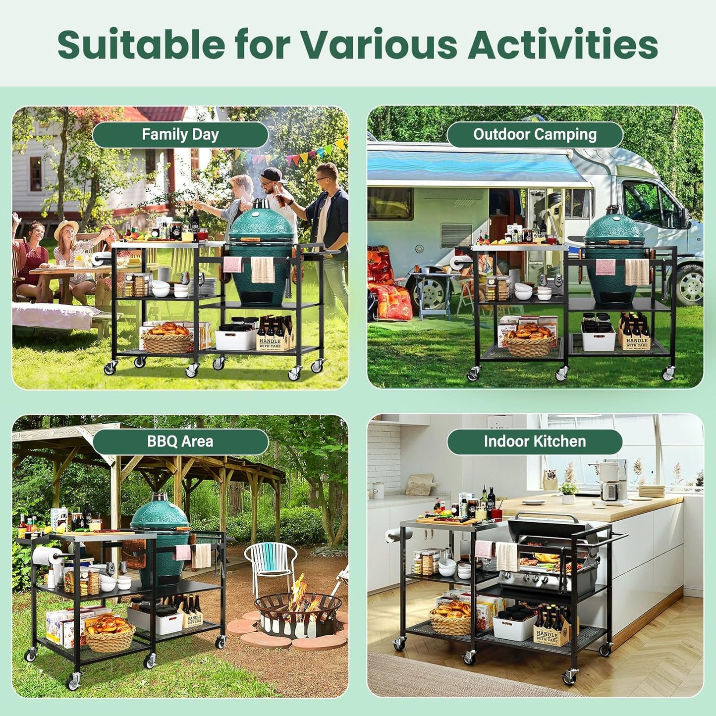 TC-HOMENY Grill Table for Big Green Egg Stand, Metal Cooking Table Stand with Wheels, Heavy Duty Outdoor Movable Style BBQ Grill Cart, Grill Holder Compatible with Large Big Green Egg and Other Models