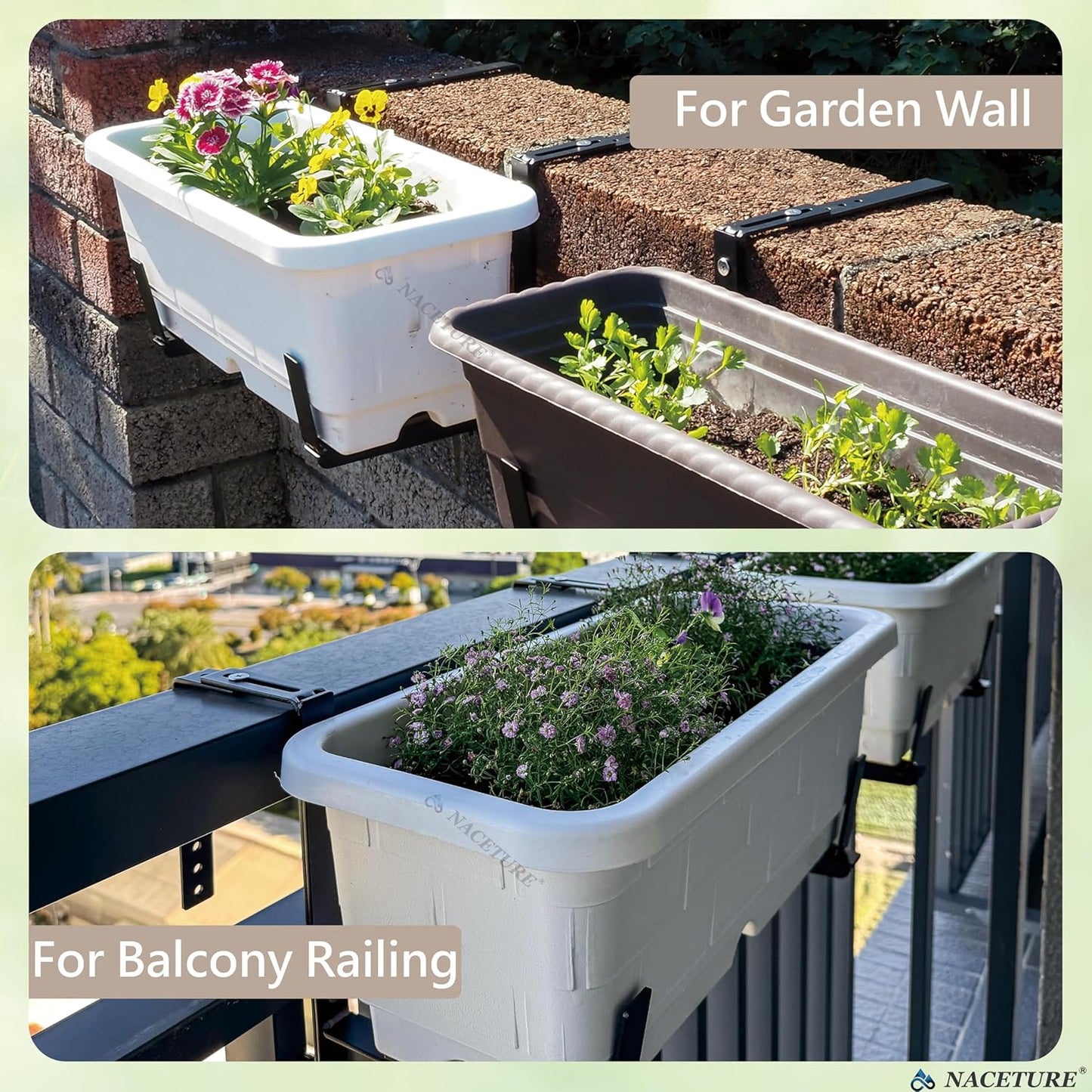 Window Box Brackets for Railing- 2 Pcs Adjustable Planter - Sturdy, Stable Flower Box Brackets for Railings, Balconies and Fences- Upright Railing Plant Holder (Black 2 Pack)