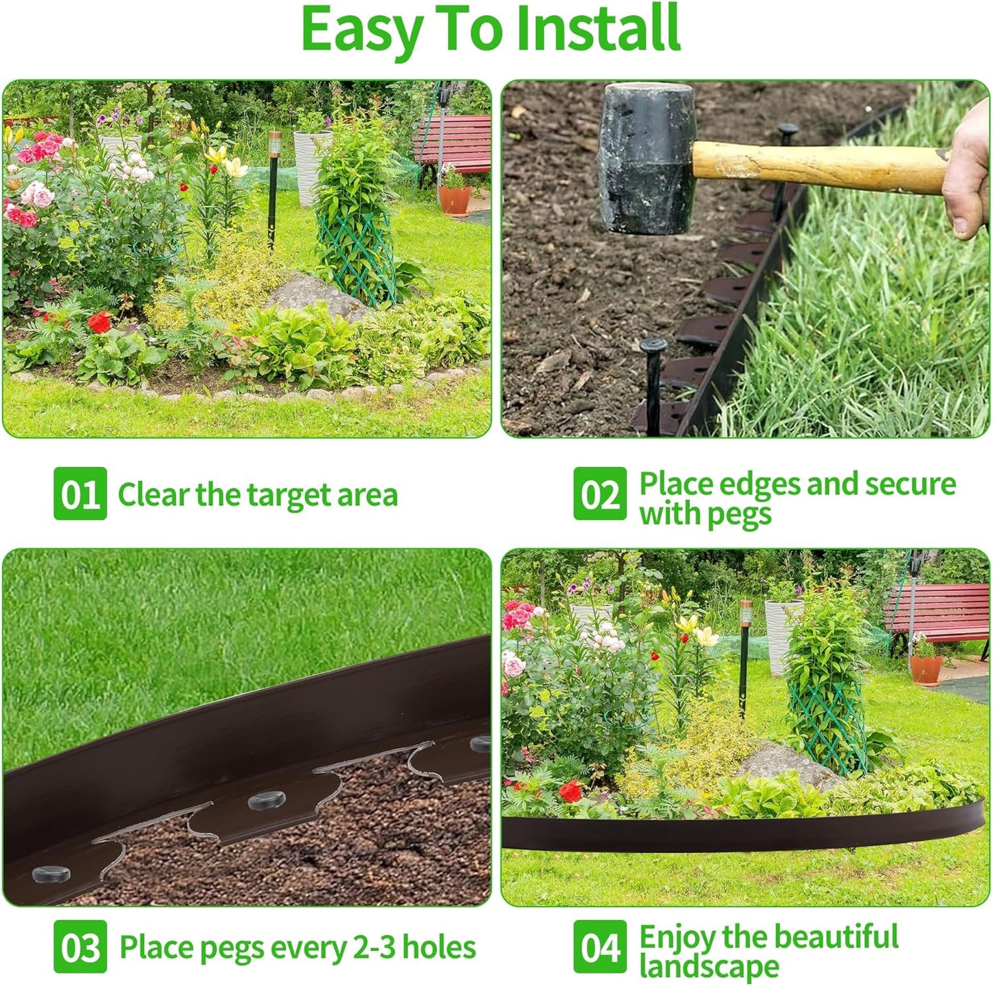 Garden Edging Kit Flexible Lawn Edging, Landscape Edging Border 33 FT with 30 Spikes, 4" Tall No Dig Garden Edging Roll for Landscaping Flower Beds Yard Pathway (4IN x 33FT, Brown)