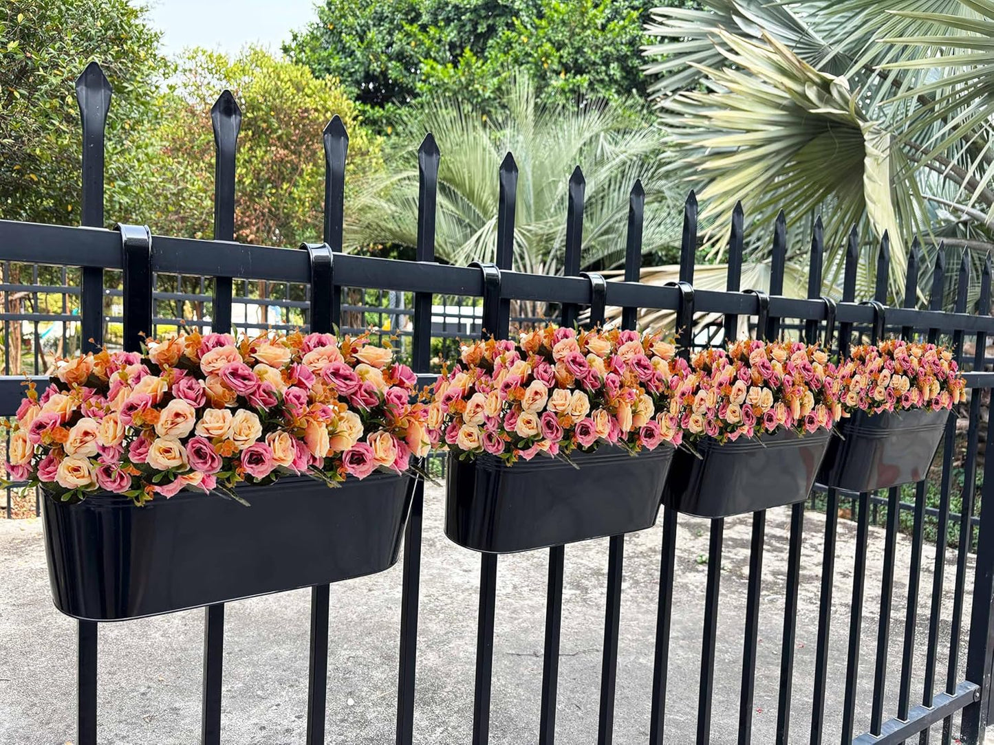 Hanging Planters for Outdoor Plants, 17" Railing Planter Pots, Metal Fence Flower Pot for Porch Balcony with Detachable Hook (Black, Pack of 6)