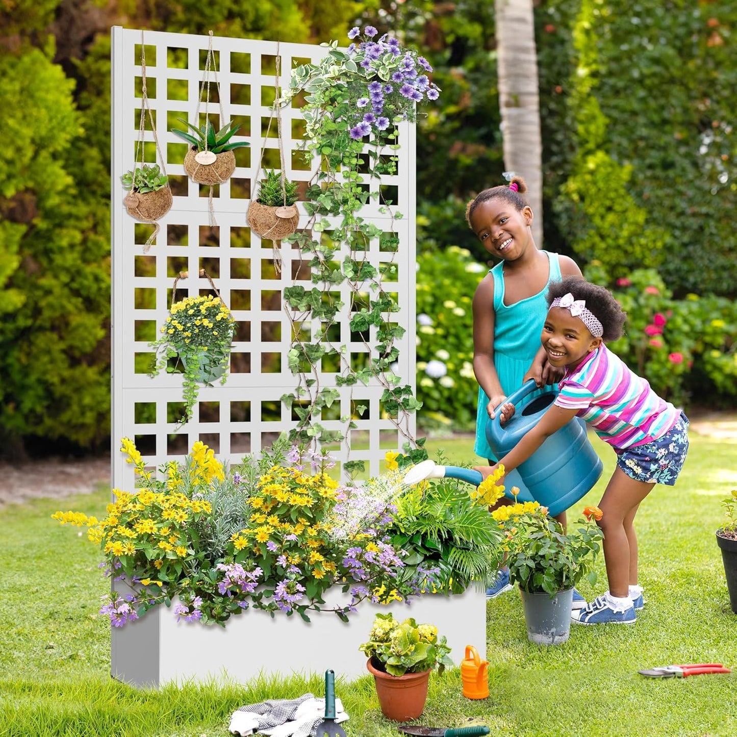 FENCY Metal Raised Garden Bed with Trellis, Planter Box with Trellis, Garden Box for Climbing Plants Vegetable, 35''Lx16''Wx71''H Metal Garden Bed with Drainage Holes(White)