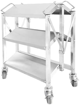tonchean 3 Shelf Stainless Steel Folding Utility Cart, Collapsible Serving Cart with Wheels, 300lbs Commercial Kitchen Trolley Cart for Restaurant Hotels 25”L x 15.8”W x 37.8”H