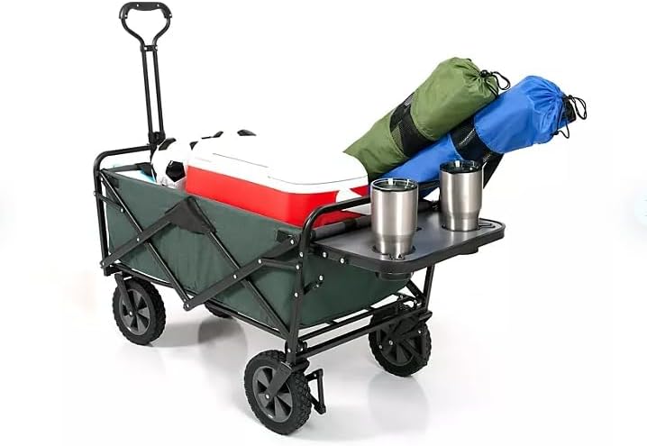 Heavy Duty Steel Frame Collapsible Folding Wagon with Table,150 Pound Capacity Outdoor Camping Garden Utility Wagon Yard Cart (Green, 1PACK)