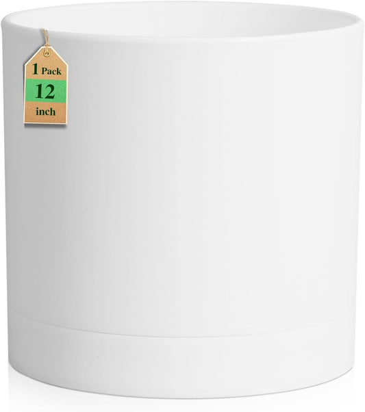 12 Inch Large Deep Flower Pots for Outdoor Indoor Plants, Cylinder Tall Plant Pots with Drainage Holes and Saucer, Big Decorative Plastic Planter Pots for Garden House Plants, White
