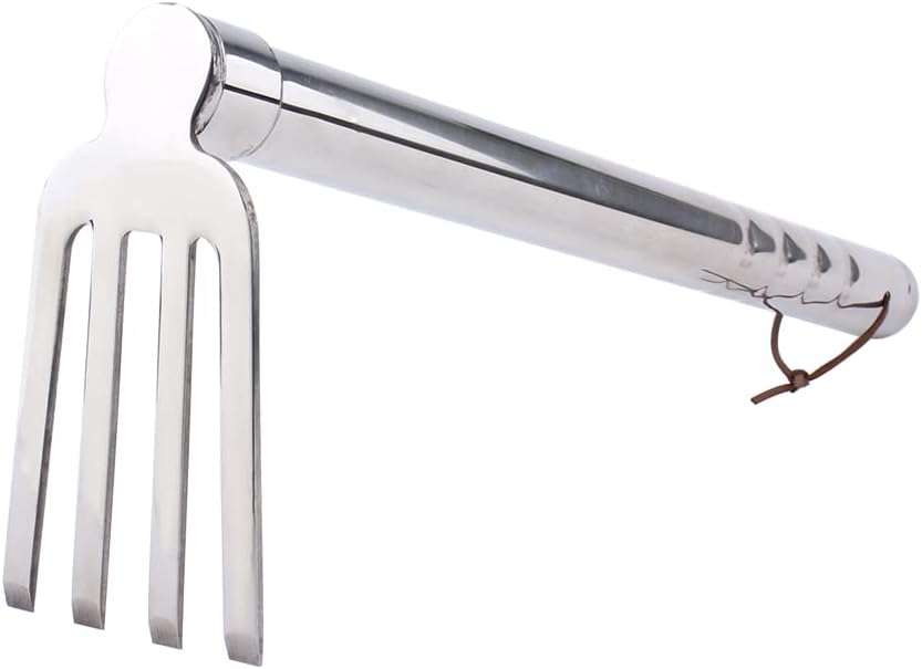 Stainless Steel Garden Cultivator Metal Hand Weather Resistant Hand Tool 15-Inch Lightweight 4 prongs Rake for Weeding Seeding Turning Soil