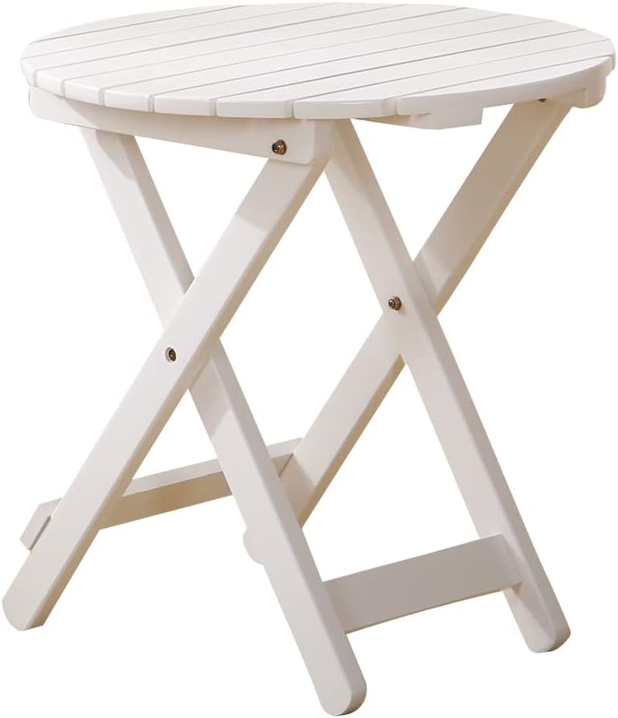 Outdoor Small Round Folding Side Table, Foldable Wooden End Tables for Indoor, Porch, Patio, Camping as Coffee Table or Plant Stand, White ﻿