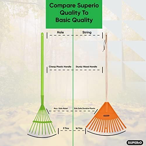 Superio Kids Garden Rakes, 2 Pack, Rakes with Wooden Handle, Plastic Head, 34" (Orange)