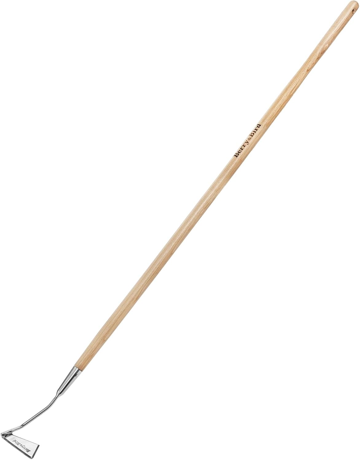 Berry&Bird Swoe Garden Hoe, 61.8'' Stainless Steel Long Handled 3 Edge Hoe with Wooden Hand, Mini Angled/Warren Hoe, Soil Cultivator Weeding Tool for Grass Flower Backyard