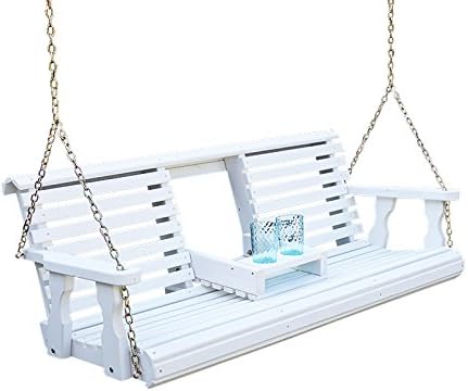 Porchgate Amish Heavy Duty Console Porch Swing with Fold Down Cup Holders in Semi Solid White Stain - Amish Made in The USA from Treated Pine, Hanging Chains Included