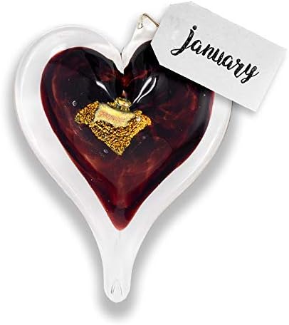Luke Adams Glass Hanging Hearts – Hand Blown Glass Heart Ornament for Windows or Gifts – Colorful Blown Glass Hearts Decor (January - Garnet)