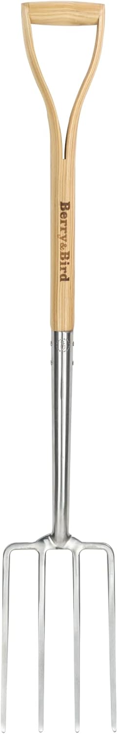 Berry&Bird Gardening Digging Fork, 4-Tine Stainless Steel Pitchfork, 43.9" Heavy Duty Spading Fork with D-Grip Handle and Ergonomic Ash Wood Handle for Digging, Planting, Cultivating, Aerating