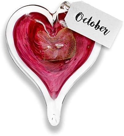 Luke Adams Glass Hanging Hearts – Hand Blown Glass Heart Ornament for Windows or Gifts – Colorful Blown Glass Hearts Decor (October -Pink Tourmaline)