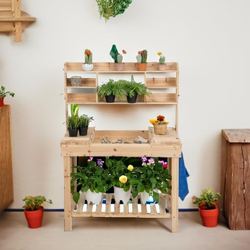 HAPPYGRILL Potting Bench Table, 60.5” Wood Garden Work Bench Workstation with Storage, Flip-Up Tabletop, Shelves & Hanging Hooks, Outdoor Garden Table for Patio, Lawn & Porch