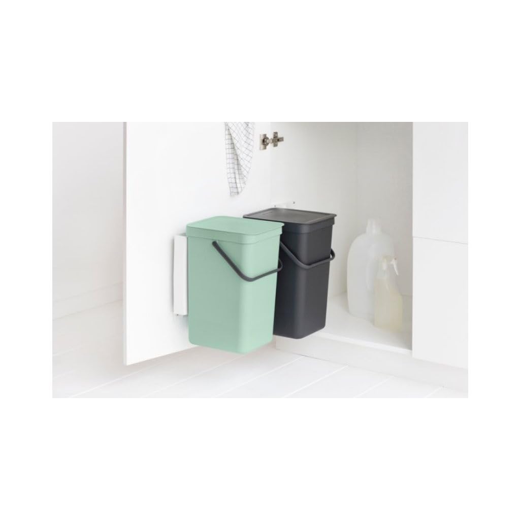 Brabantia Sort & Go Built-in Cupboard Recycling Cans (2 x 4.2 Gal/Dark Gray & Jade Green) Double Door Mounted Trash Organisers with Handles & Removable Lids