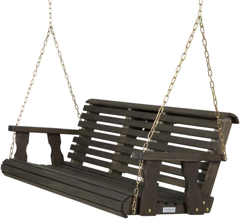 Porchgate Amish Heavy Duty Console Porch Swing with Fold Down Cup Holders in Dark Walnut Stain - Amish Made in The USA from Treated Pine, Hanging Chains Included