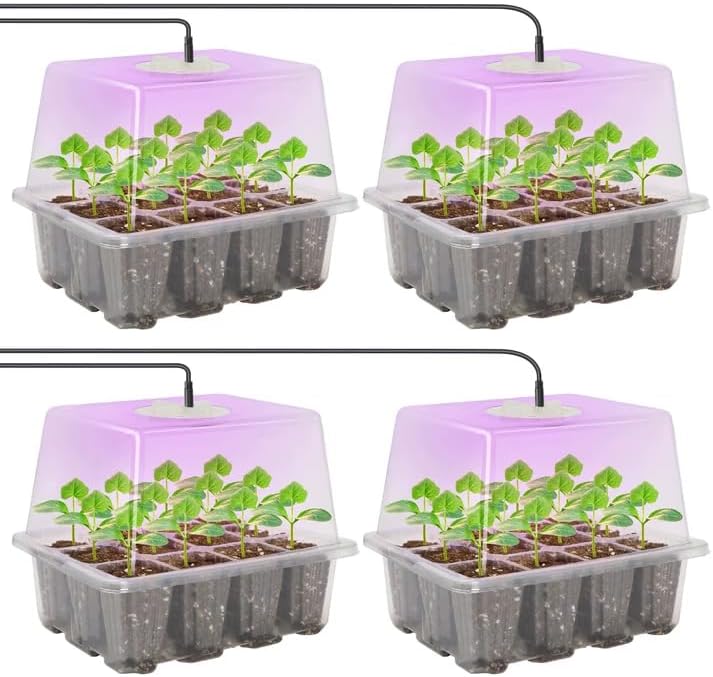 MIXC Seed Starter Kit with Grow Light, Elevated Seedling Tray Kit with Adjustable Humidity Dome and Clear Cell Tray, 12 Full Spectrum Led Beads for Seed Starting Greenhouse, 4 Pack, Transparent