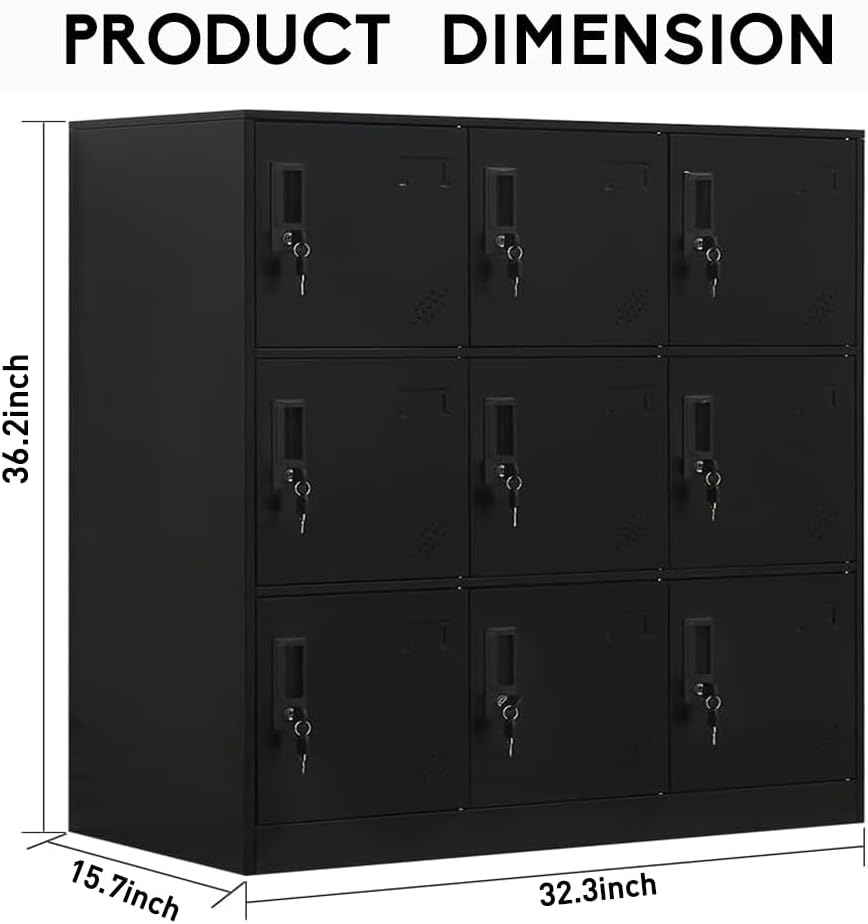 9 Door Metal Storage Locker Cabinet for Office, Home, Gym, School, Steel Cabinet to Storage File, Toys, Shoes and Sports Equipment, Locker Organizer for Gym Office Bedroom (9 Door, Black)