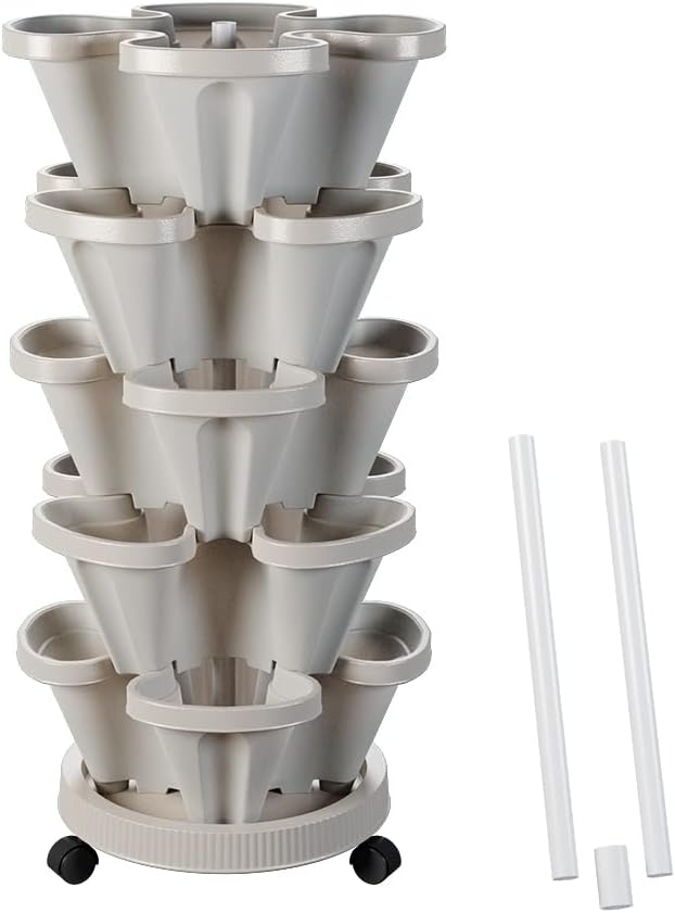 Strawberry Vertical Planter GardenTower, 5 Tiered Stackable Planter with Support Pole, Stacking Herb Vegetable Planters Indoor and Outdoor - Light Grey