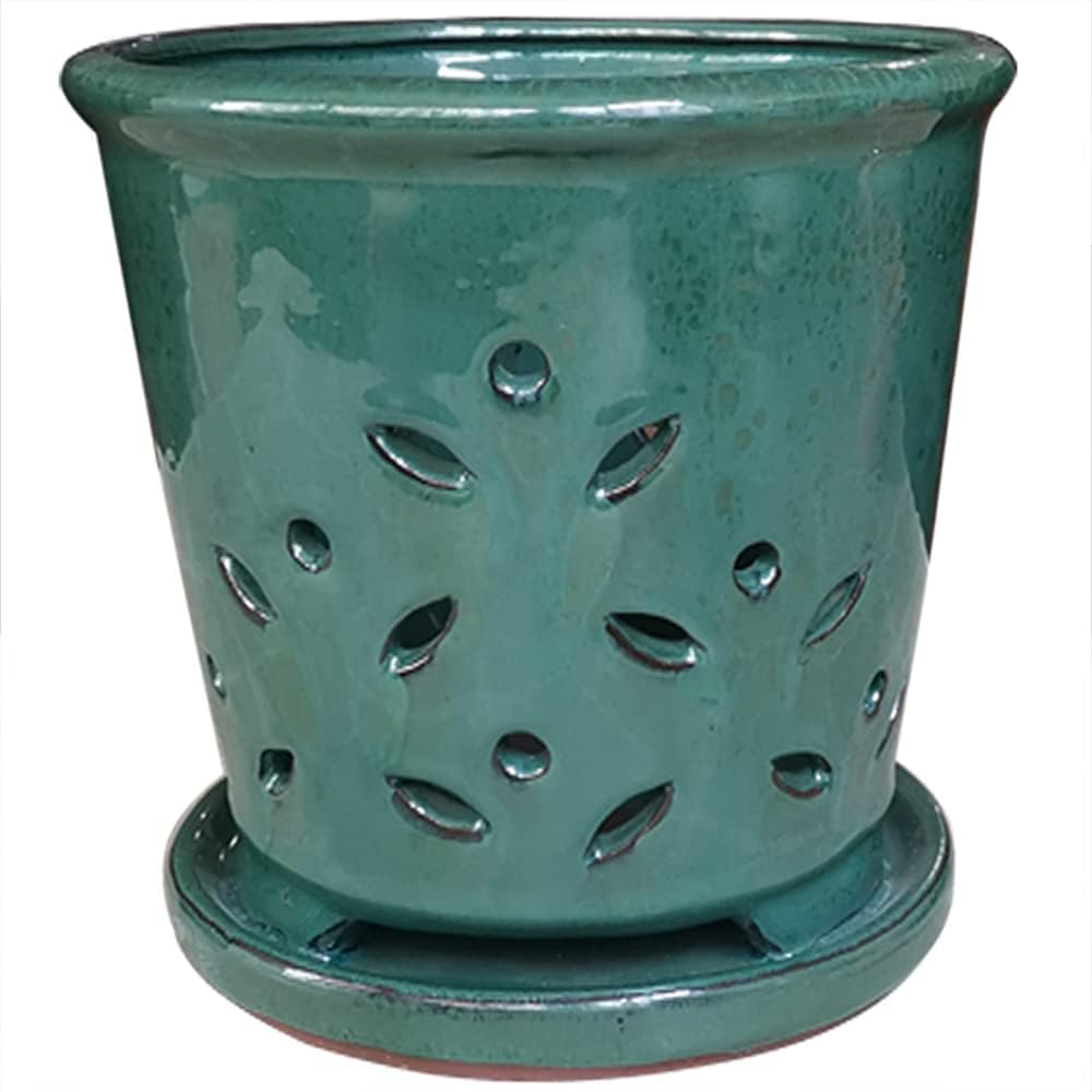 Forest Green Ceramic Orchid Pot with Holes & Saucer - 6" Round Contemporary Home Decoration