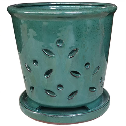 Forest Green Ceramic Orchid Pot with Holes & Saucer - 6" Round Contemporary Home Decoration