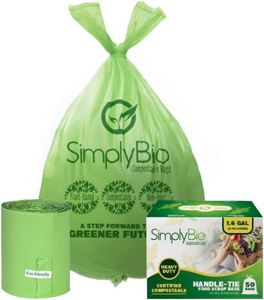 1.6 Gallon Compostable Trash Bags Handle, Heavy Duty Thick 0.6 Mil, 6.06 Liter, 50 Bags, Small Kitchen Food Scrap Waste Bag, ASTM D6400, US BPI and OK Compost Home Certified
