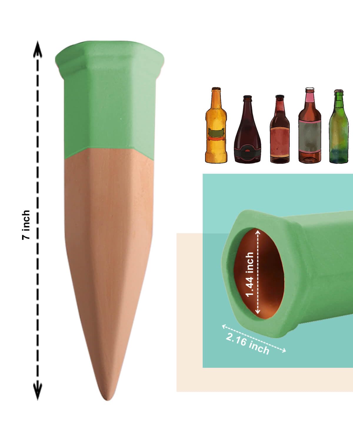 vensovo 10pcs Terracotta Watering Spikes - Green Automatic Self Watering Stakes, Plant Watering Devices for Wine Bottles Recycled Bottles, Clay Plant Garden Waterers for Vacations