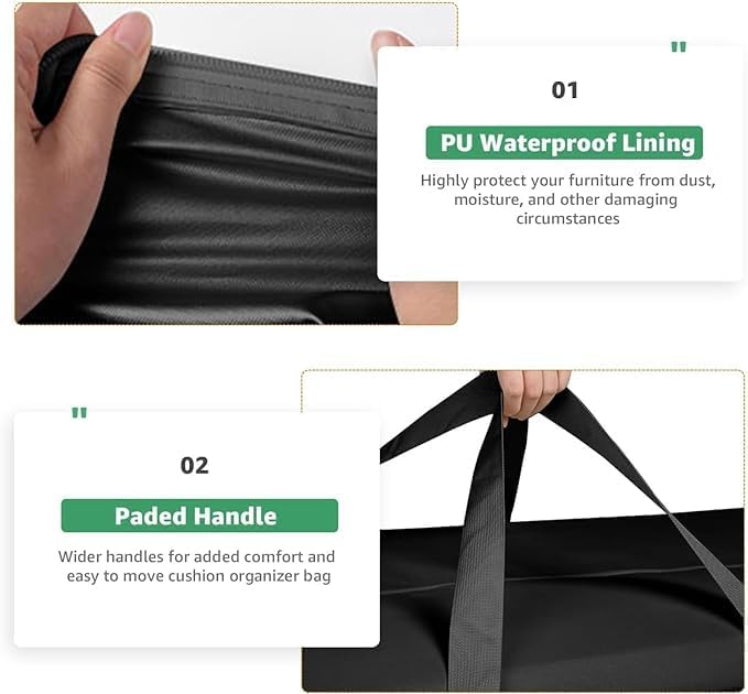 Garden Cushion Storage Bag 420D Waterproof Rectangular Outdoor Patio Cushion Storage Bag with Zipper and Handles - Extra Large 68" L x 29" H x 20" W Black