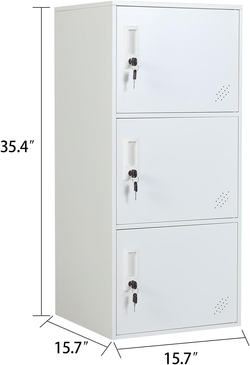 3 Door Metal Vertical Storage Locker for School, Office, Home,Gym,Stackable Steel Storage Cabinet with Lock,Anti-Falling Device. (3 Door, White)