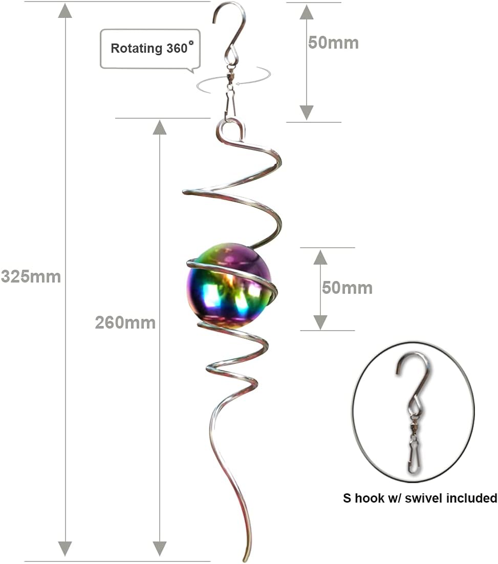 Fonmy Gazing Ball Spiral Tail -Decorative Wind Spinner 11 inch Tail and 2 inch Steel Orb. Indoor Outdoor Garden Decoration Silver Multi Color Ball -13 inch Height