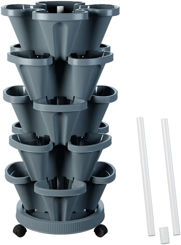 Strawberry Vertical Planters Tower Garden, 5 Tiered Stacking Planter with Support Pole, Stackable Herb Vegetable Planters Indoor and Outdoor - Dark Grey