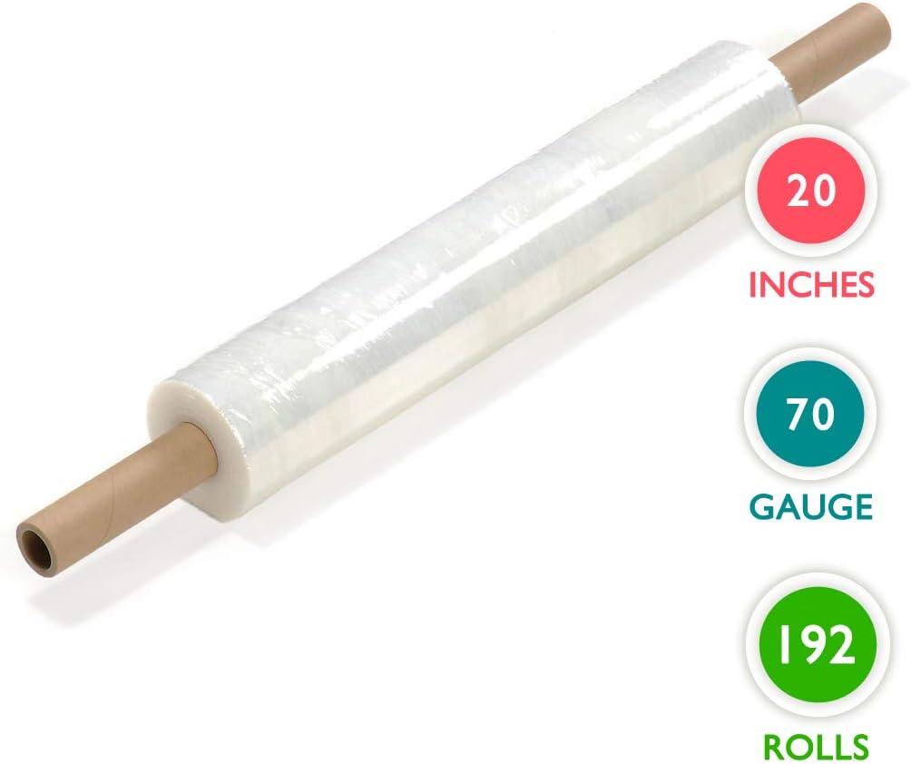 20 inch x 1000 Feet Stretch Wrap Extended Core Handle, Clear Stretch Film, 192 Rolls