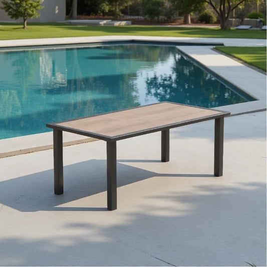 Rectangular Outdoor Coffee Table with Wood Top and Metal Frame, All-Weather Small Patio Tea Table for Garden, Poolside, Deck, Porch, Indoor and Outdoor Use