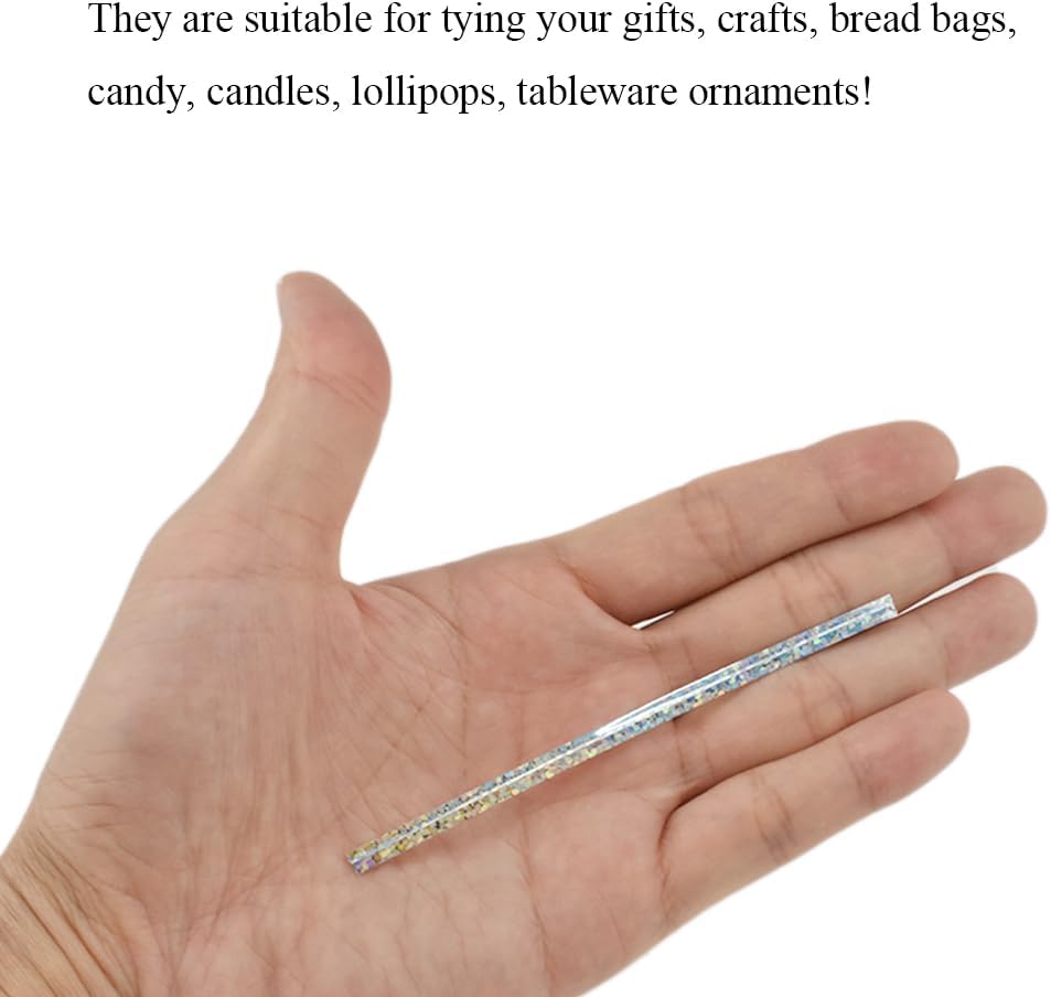 HAHIYO 300Pcs 4inches Holographic Silver Metal Twist Ties Bread Candy Coffee Bag Ties Plant Garden Twist Ties for Cellophane Treat Bags Gift Wraping Bags Plastic Bags Party Cake Present Art Crafts