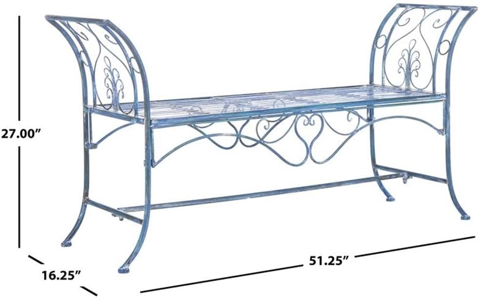 SAFAVIEH PAT5016C Outdoor Collection Adina Antique Blue Wrought Iron 51-inch Garden Bench