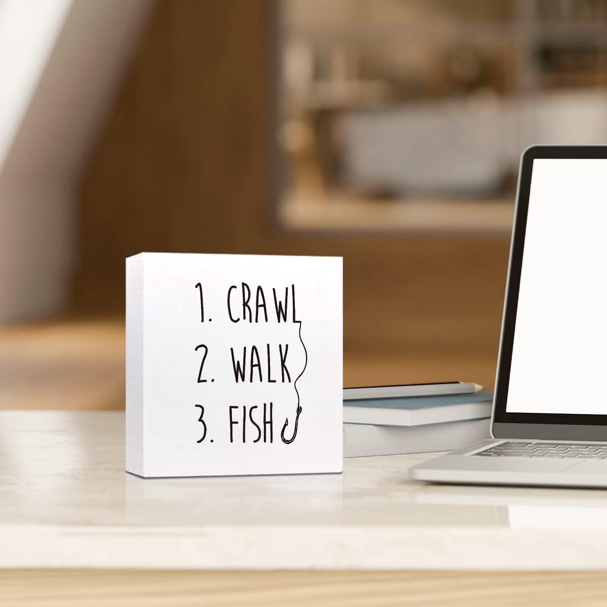 Crawl Walk Fish Rustic Wooden Sign Desk Decor,Funny Baby Fishing Wood Block Sign Desk Decorations for Home Bedroom Baby Room Desk Shelf Table Decor