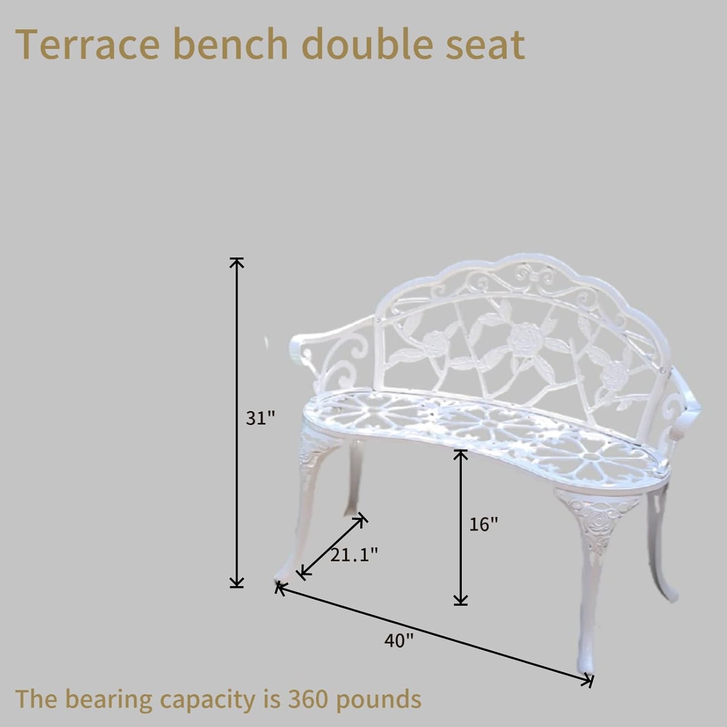 KAILI Garden Bench, Metal Aluminum Rose, Suitable for Garden Porch Park Front Porch Balcony Outdoor (White)