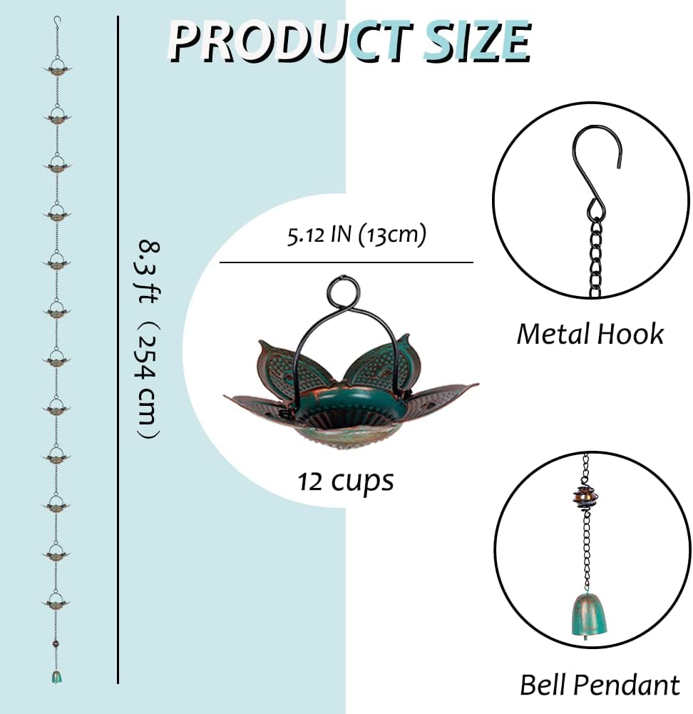 8.3 FT Lotus Rain Chain, Metal Rain Chains for Gutters with 12 Cups, Adjustable Rain Catcher Chain for Eaves Drainage, Replacement for Downspout, Outdoor Decor