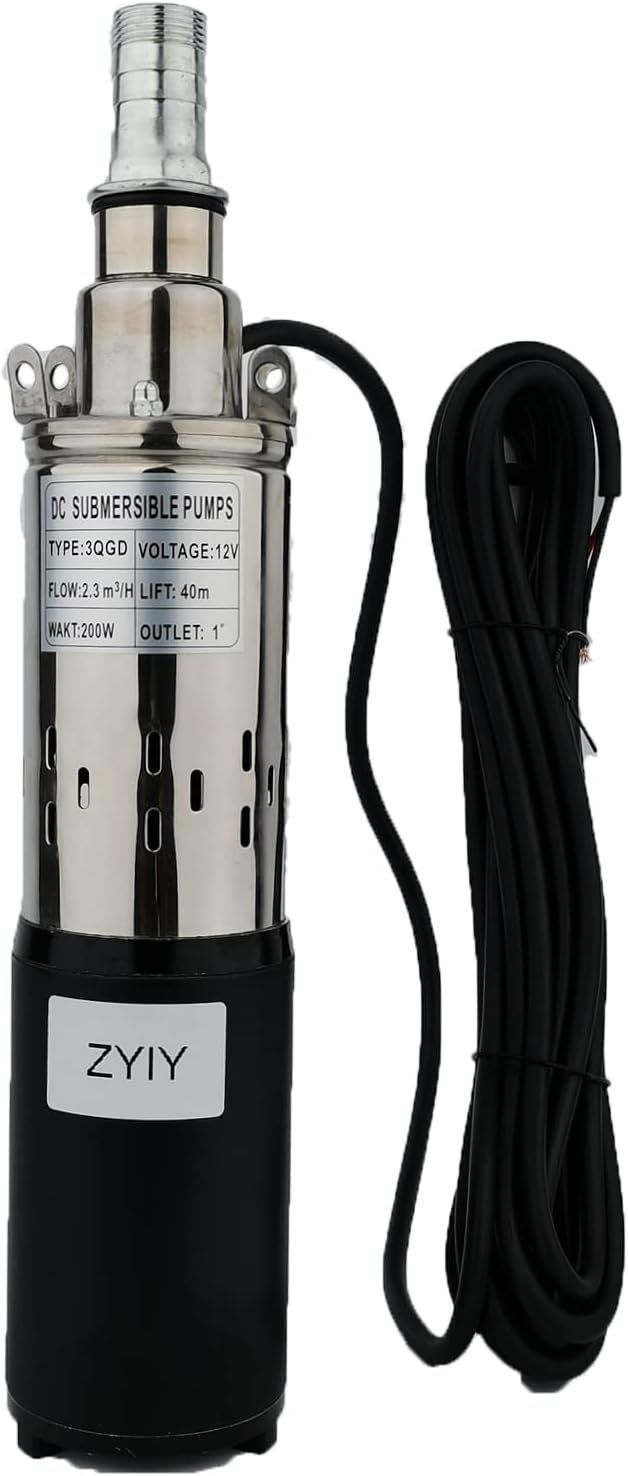 12V Deep Well Submersible Pump 200W DC Solar Power Deep Well Pump 3" Stainless Steel Submersible Well Pump 1"Bore Pump High Lift 131ft Pressure Well Water Pumps for Home,Industrial,Irrigation Use