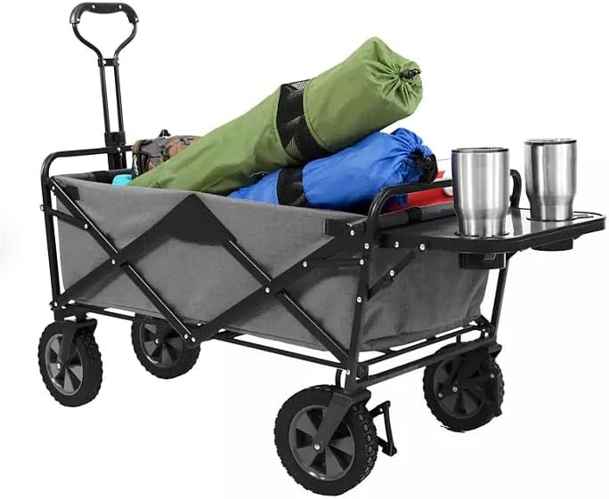 Heavy Duty Steel Frame Collapsible Folding Wagon with Table,150 Pound Capacity Outdoor Camping Garden Utility Wagon Yard Cart (Grey, 1PACK)