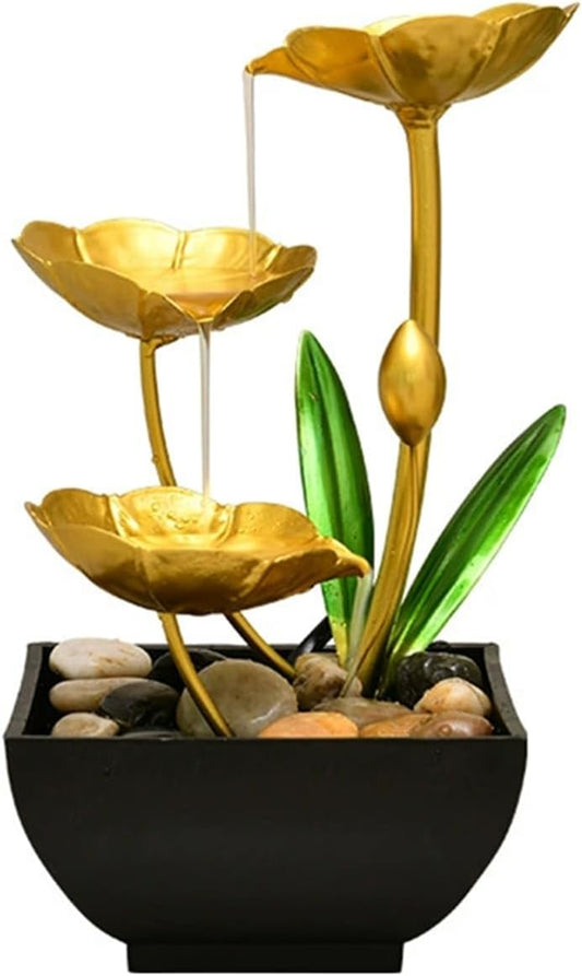 Gold Tabletop Water Fountain, Desktop Waterfall, Indoor Lotus Desktop Decorative Fountain, Home Bathroom Bedroom Decor.