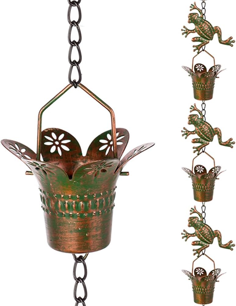 7.7FT Rain Chain for Outside, Rain Chain with 10 Frog Cups Adjustable Rain Chains for Gutters, Eaves, Drainage, Replacement for Downpout