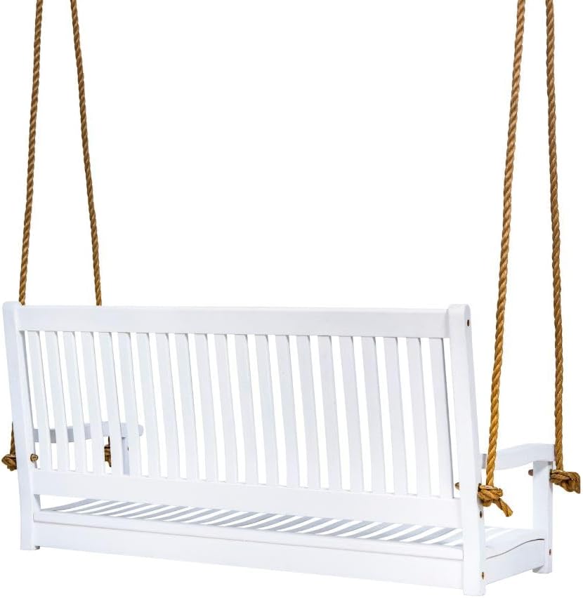East Green Hayden 5 Foot White Porch Swing with Ropes - Outdoor Bench Swing Crafted from Naturally Weather-Resistant Acacia Wood